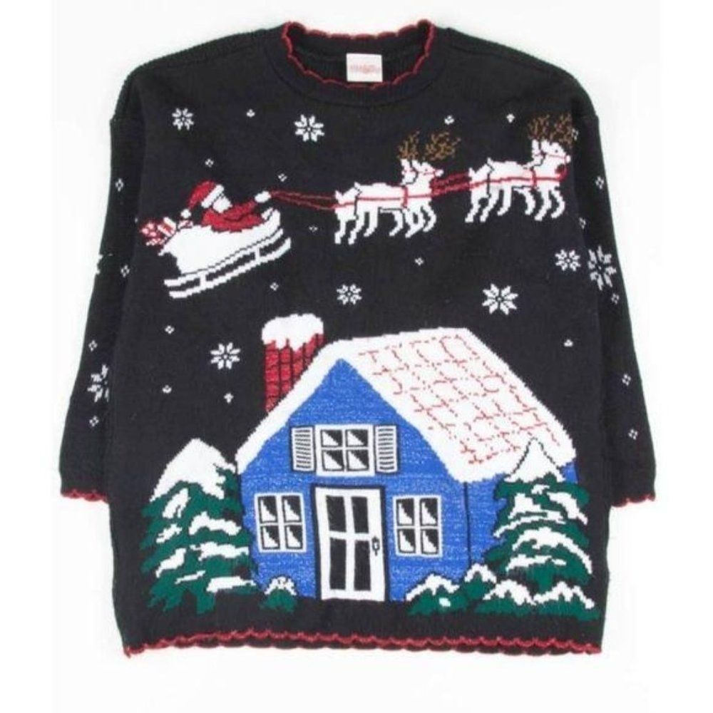 Holiday Time Vintage 90's‎ Santa Sleigh House Reindeer Black Christmas Sweater